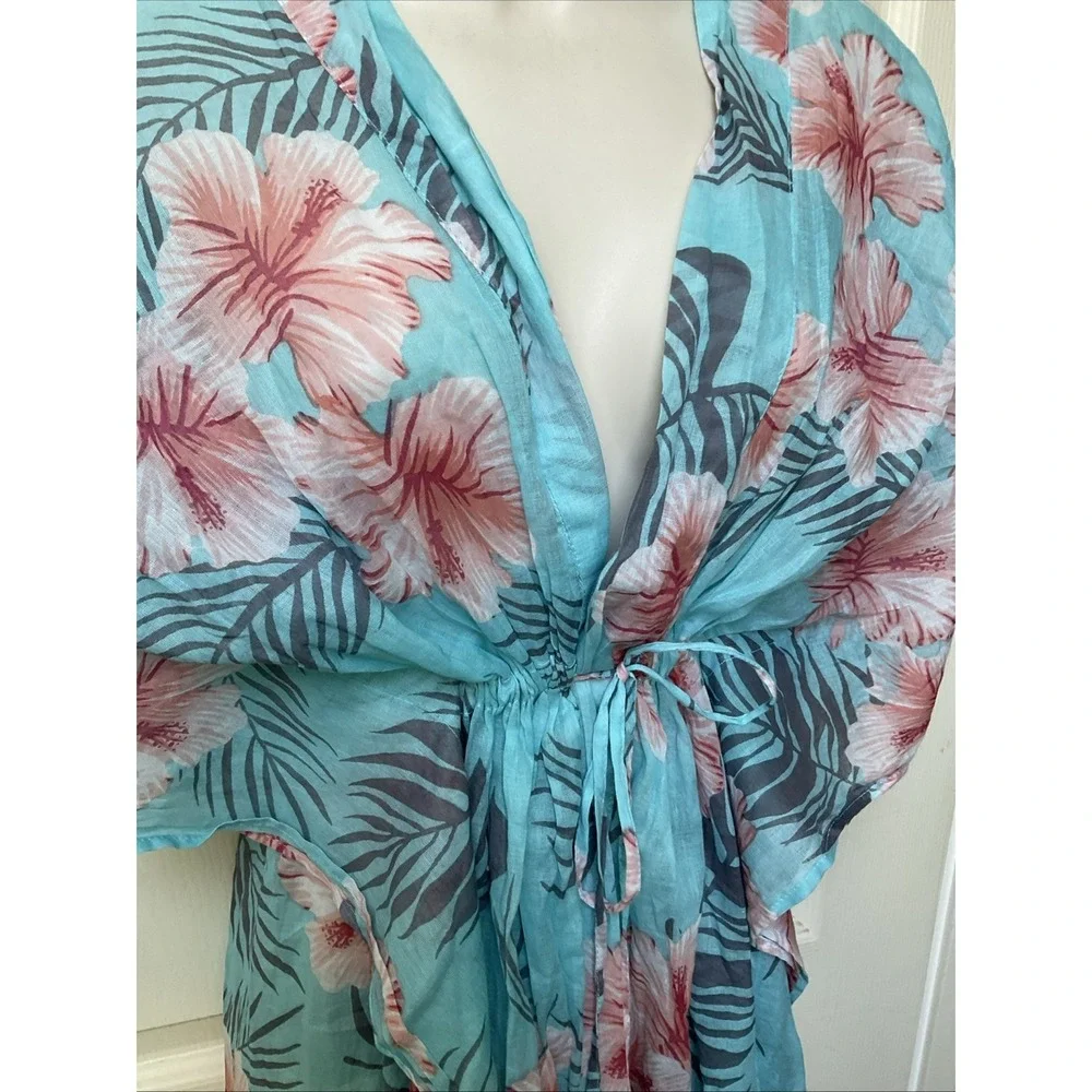 Debbie Katz South Beach Coverup 100% Cotton Tropical Print Flutter Sleeve Resort